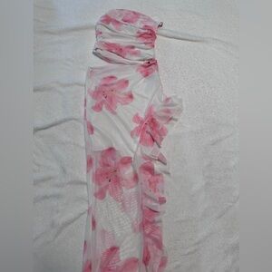 Strapless White Dress with Pink Floral Design